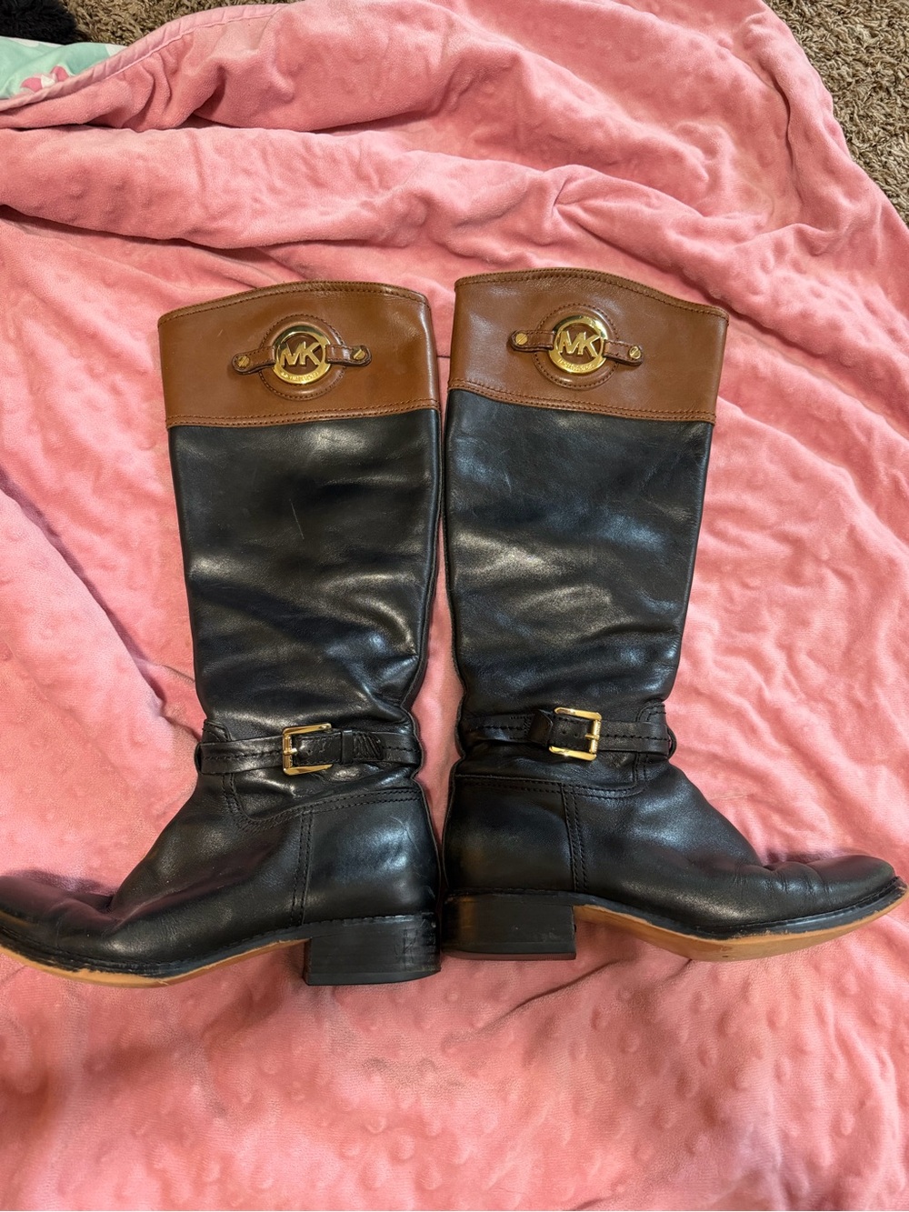 Michael Kors Black and Brown Leather Logo Riding Boots